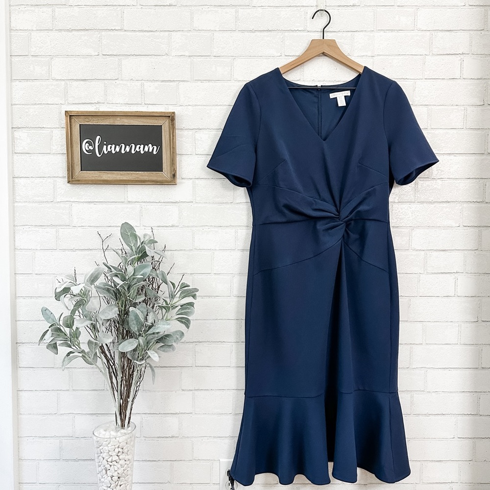 LONDON TIMES Navy Flounce Midi Twist Dress